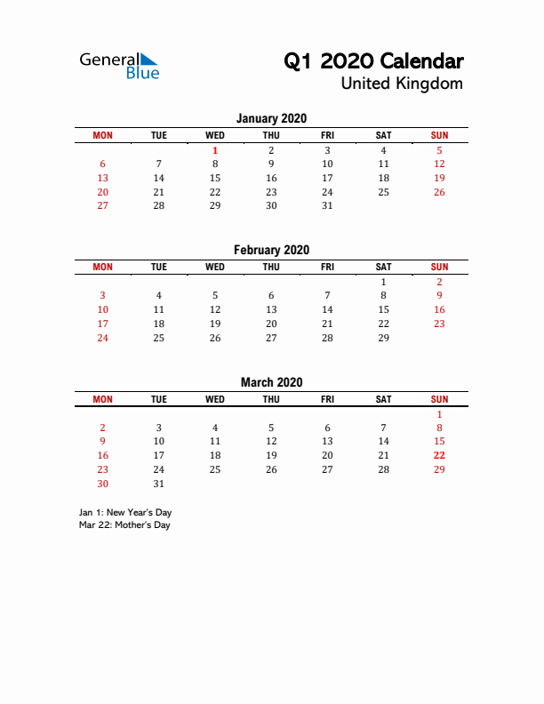 2020 Q1 Calendar with Holidays List for United Kingdom