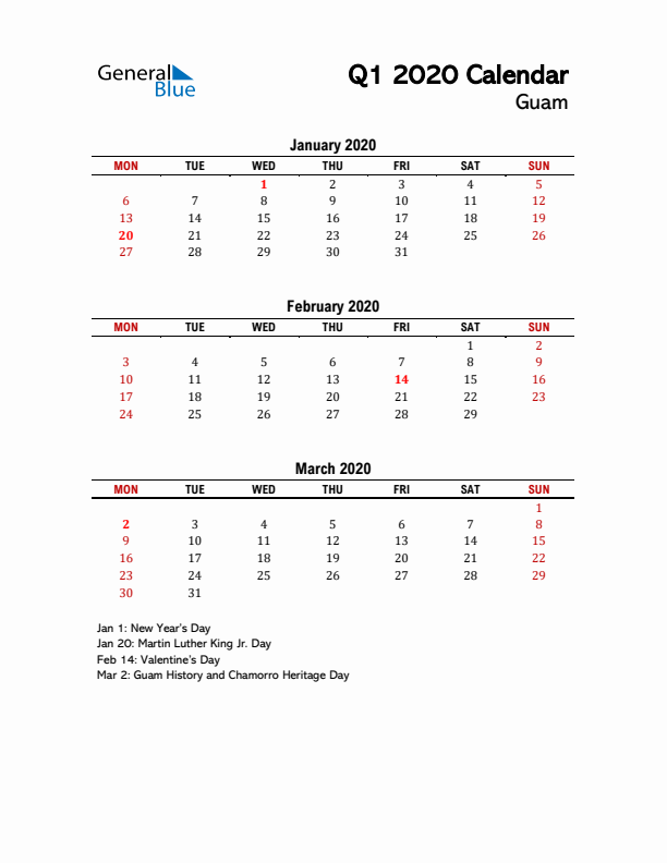 2020 Q1 Calendar with Holidays List for Guam