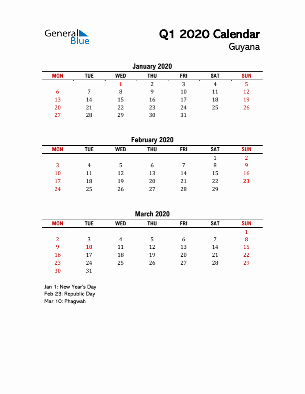 2020 Q1 Calendar with Holidays List for Guyana