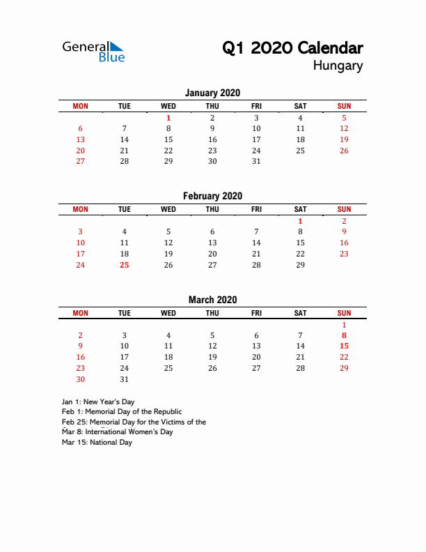 2020 Q1 Calendar with Holidays List for Hungary