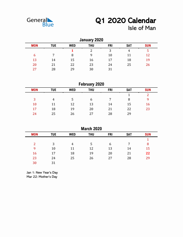 2020 Q1 Calendar with Holidays List for Isle of Man