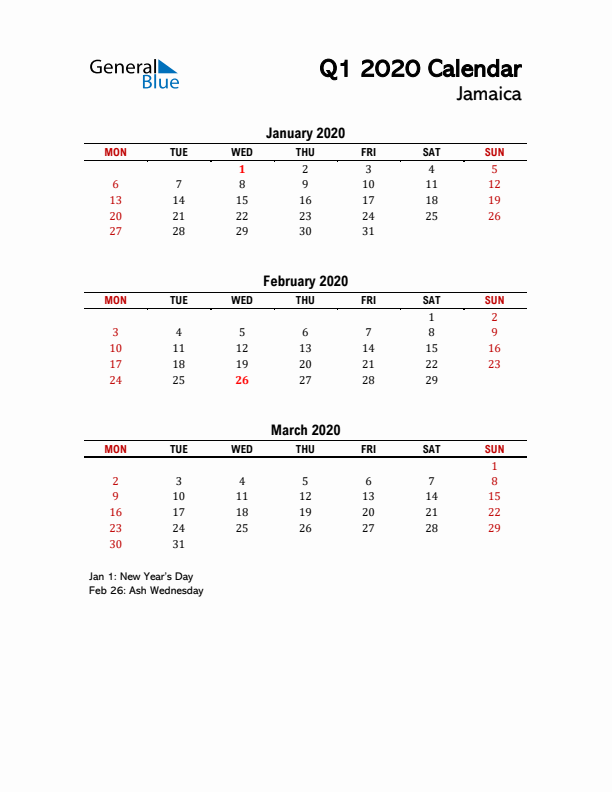 2020 Q1 Calendar with Holidays List for Jamaica