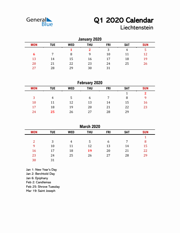 2020 Q1 Calendar with Holidays List for Liechtenstein