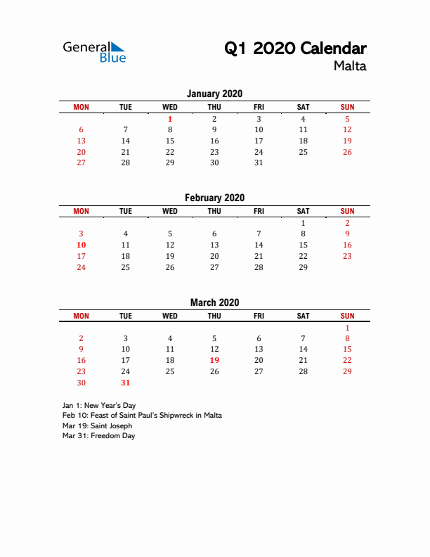 2020 Q1 Calendar with Holidays List for Malta