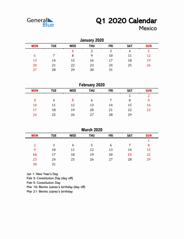 2020 Q1 Calendar with Holidays List for Mexico