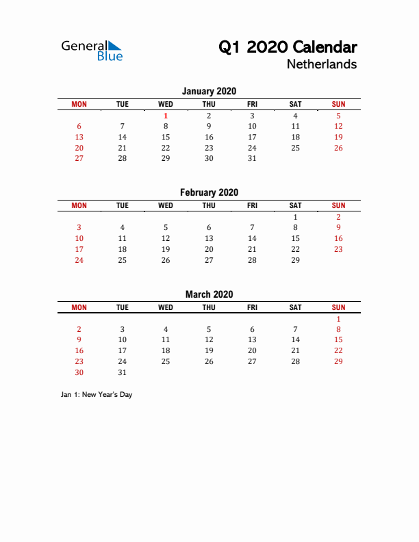 2020 Q1 Calendar with Holidays List for The Netherlands