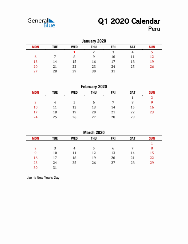 2020 Q1 Calendar with Holidays List for Peru