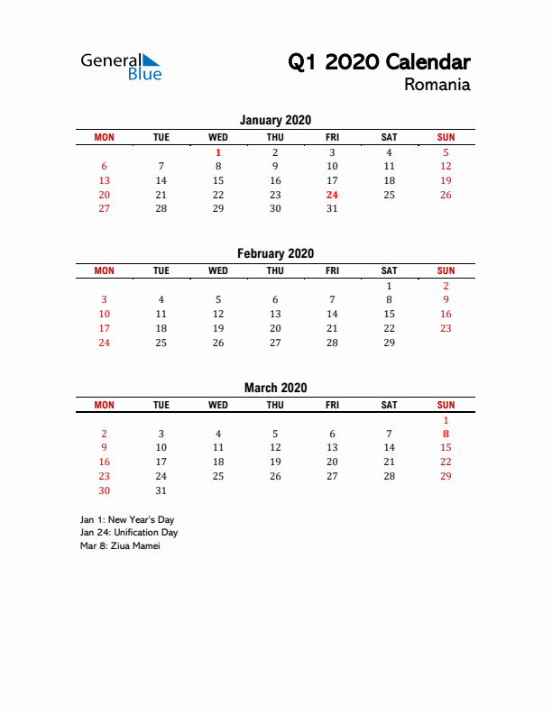 2020 Q1 Calendar with Holidays List for Romania