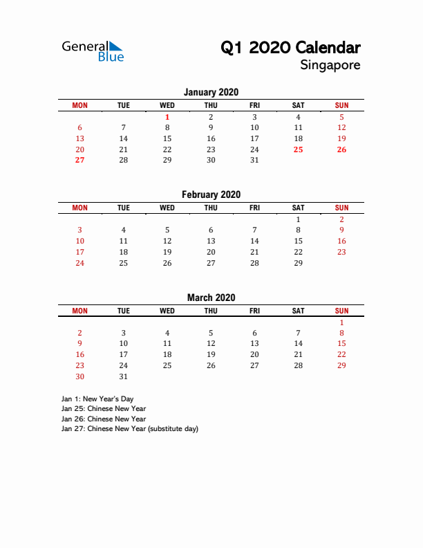 2020 Q1 Calendar with Holidays List for Singapore