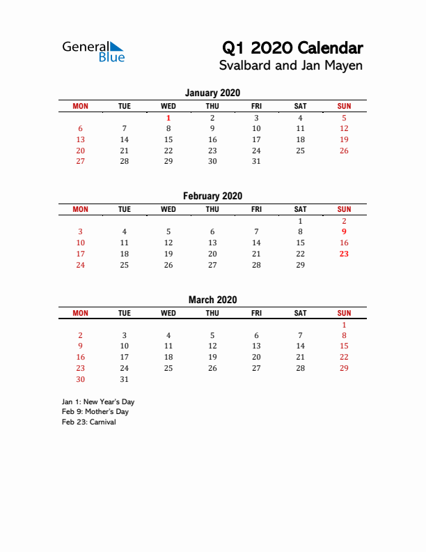 2020 Q1 Calendar with Holidays List for Svalbard and Jan Mayen