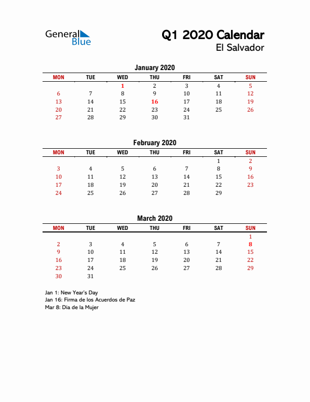 2020 Q1 Calendar with Holidays List for El Salvador