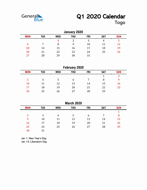 2020 Q1 Calendar with Holidays List for Togo