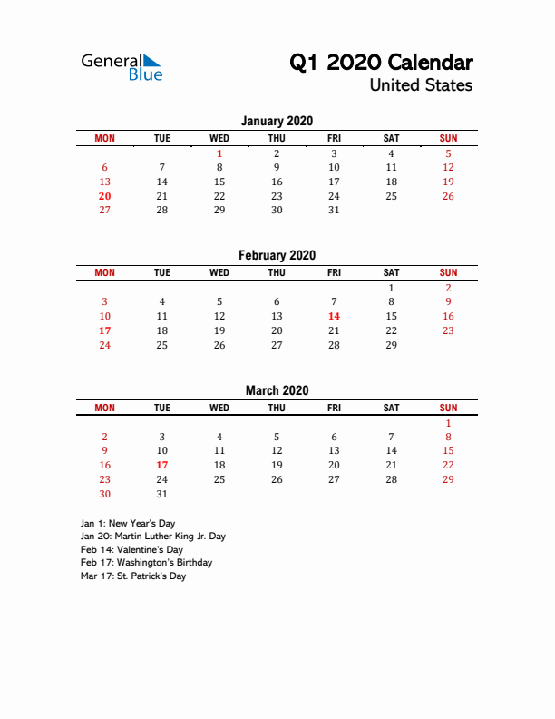 2020 Q1 Calendar with Holidays List for United States