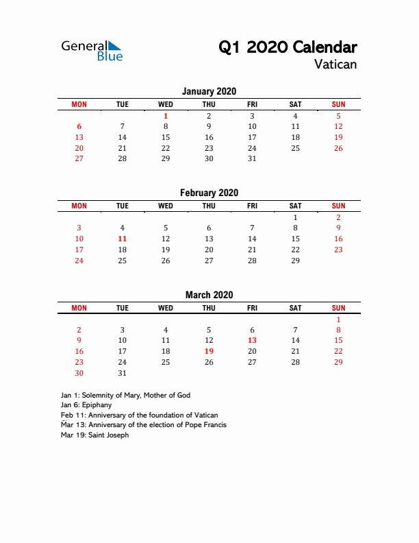 2020 Q1 Calendar with Holidays List for Vatican