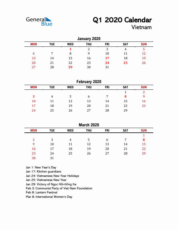 2020 Q1 Calendar with Holidays List for Vietnam