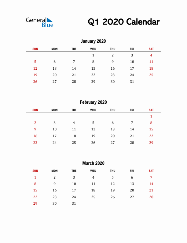 2020 Q1 Calendar with Red Weekend