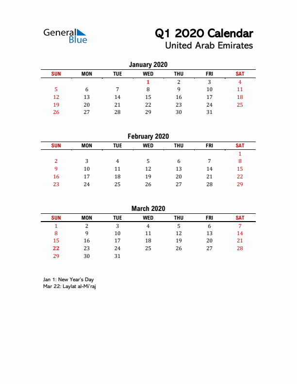 2020 Q1 Calendar with Holidays List for United Arab Emirates