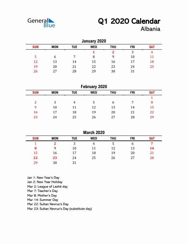 2020 Q1 Calendar with Holidays List for Albania