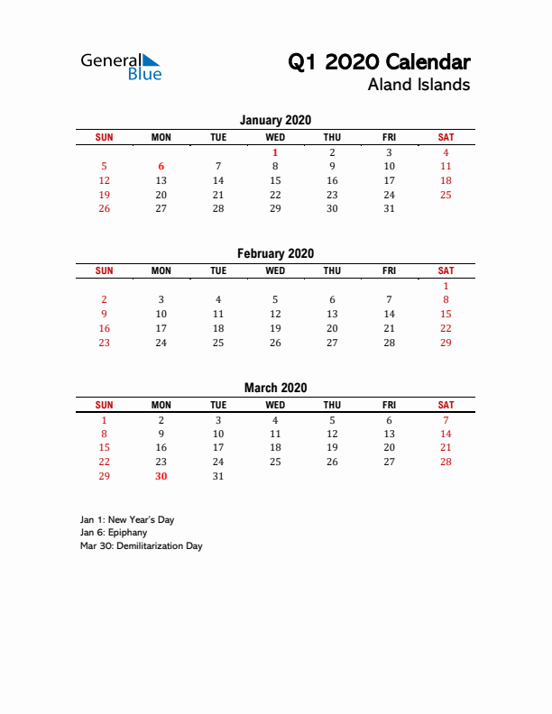 2020 Q1 Calendar with Holidays List for Aland Islands