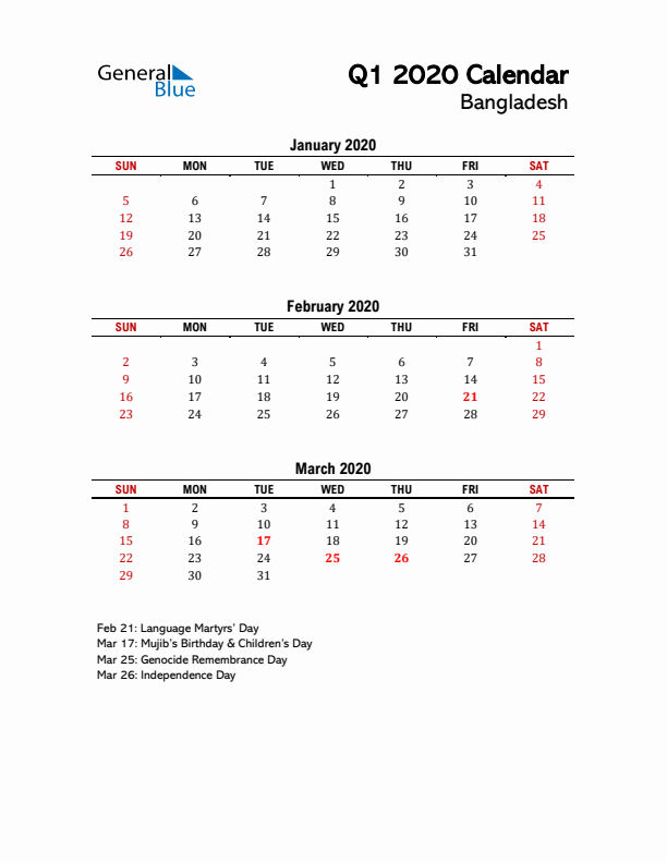 2020 Q1 Calendar with Holidays List for Bangladesh