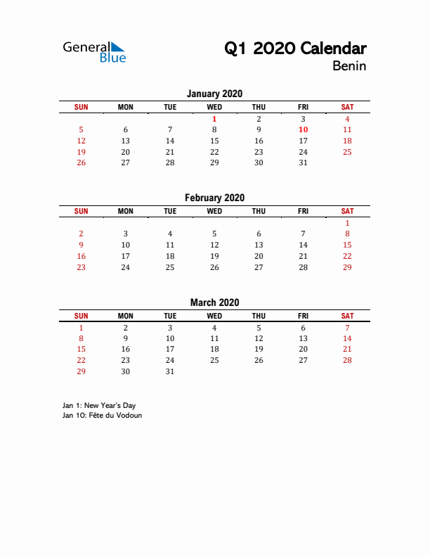 2020 Q1 Calendar with Holidays List for Benin