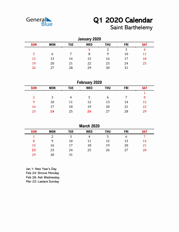 2020 Q1 Calendar with Holidays List for Saint Barthelemy