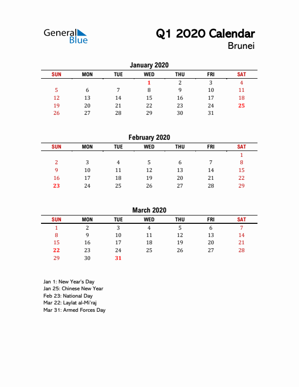 2020 Q1 Calendar with Holidays List for Brunei