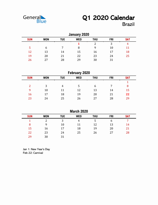 2020 Q1 Calendar with Holidays List for Brazil