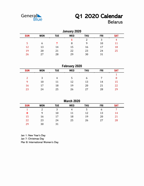 2020 Q1 Calendar with Holidays List for Belarus