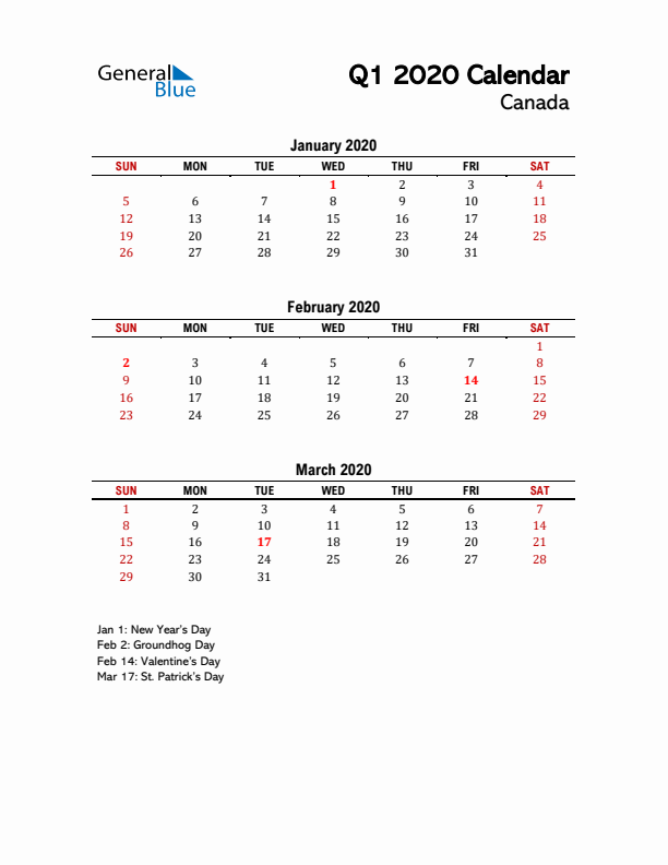 2020 Q1 Calendar with Holidays List for Canada