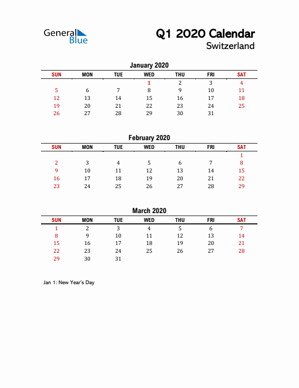 2020 Q1 Calendar with Holidays List for Switzerland