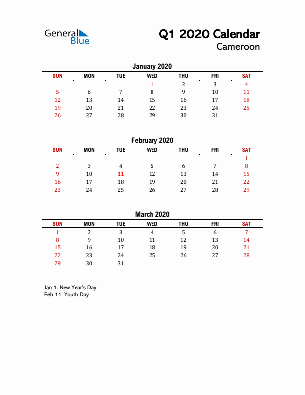 2020 Q1 Calendar with Holidays List for Cameroon