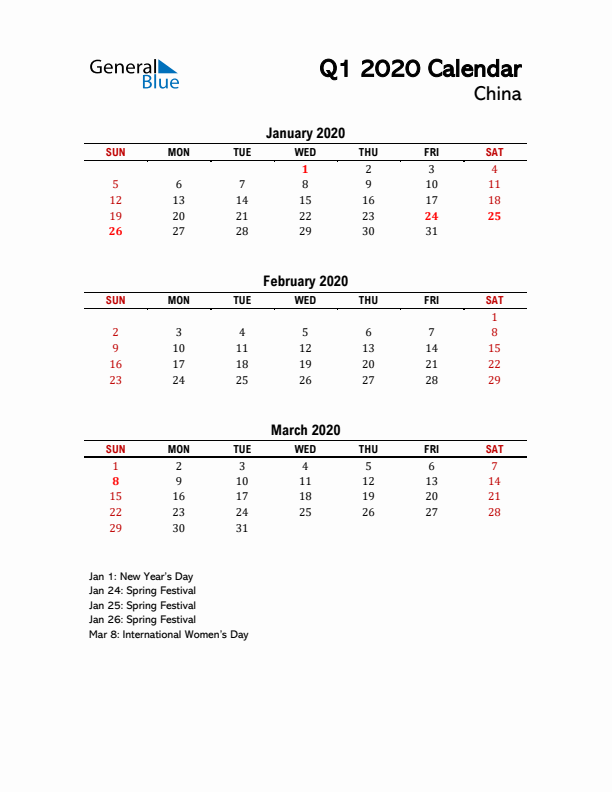 2020 Q1 Calendar with Holidays List for China