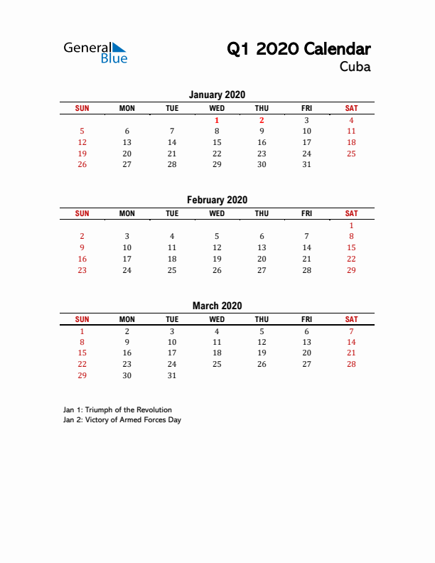 2020 Q1 Calendar with Holidays List for Cuba