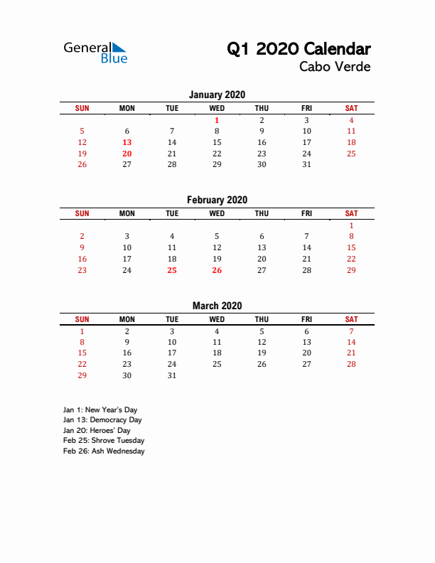 2020 Q1 Calendar with Holidays List for Cabo Verde