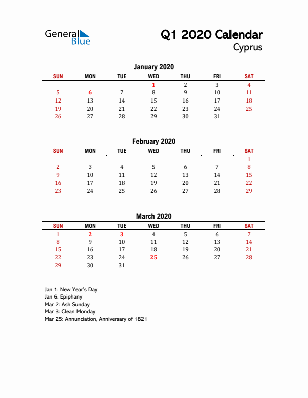 2020 Q1 Calendar with Holidays List for Cyprus