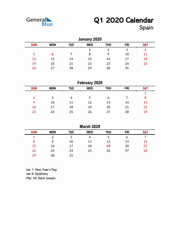 2020 Q1 Calendar with Holidays List for Spain