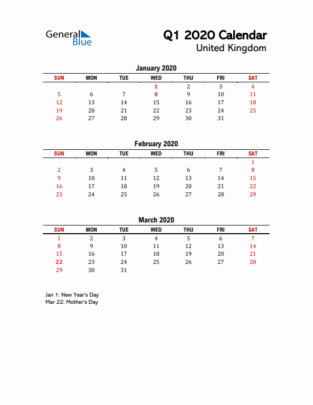 2020 Q1 Calendar with Holidays List for United Kingdom