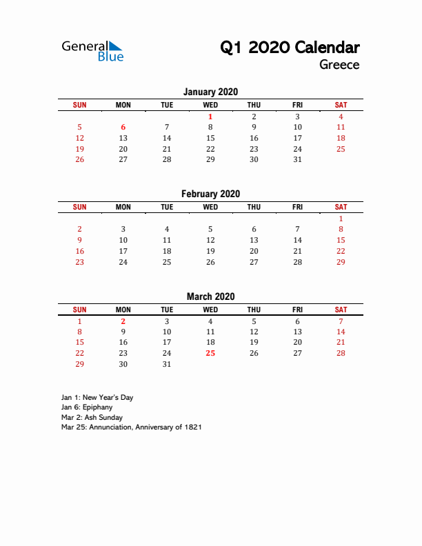 2020 Q1 Calendar with Holidays List for Greece