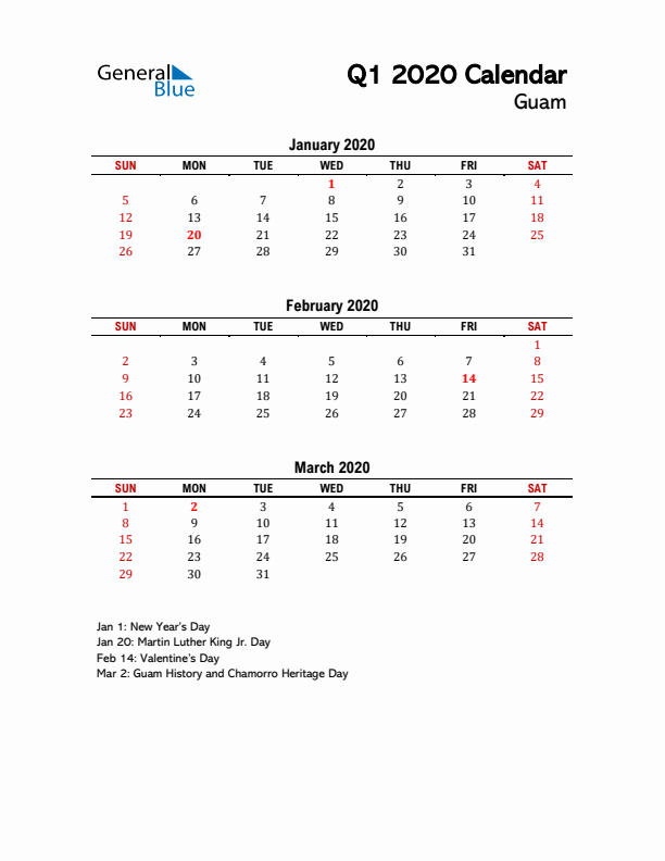 2020 Q1 Calendar with Holidays List for Guam