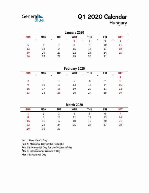 2020 Q1 Calendar with Holidays List for Hungary