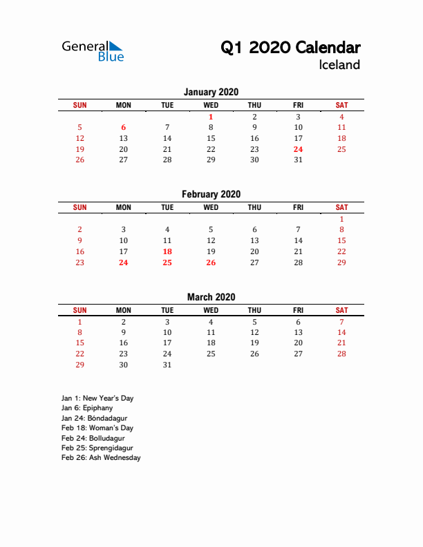 2020 Q1 Calendar with Holidays List for Iceland