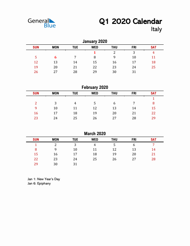 2020 Q1 Calendar with Holidays List for Italy