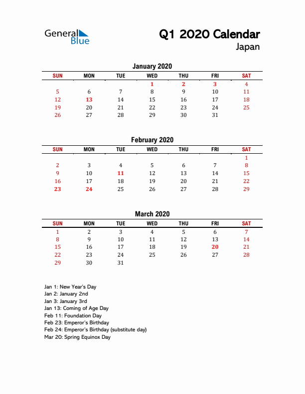 2020 Q1 Calendar with Holidays List for Japan