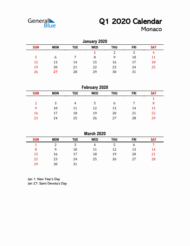 2020 Q1 Calendar with Holidays List for Monaco