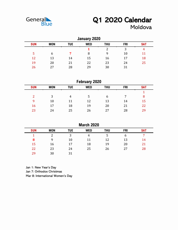 2020 Q1 Calendar with Holidays List for Moldova