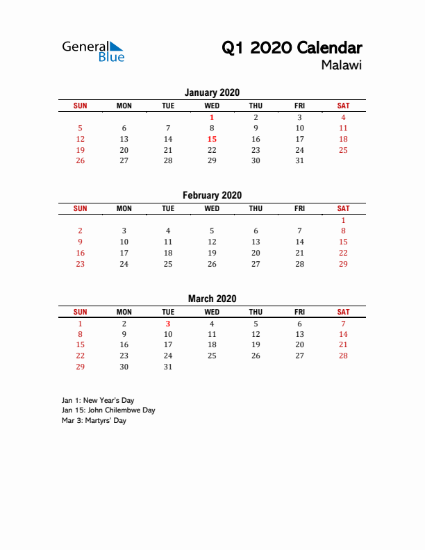 2020 Q1 Calendar with Holidays List for Malawi