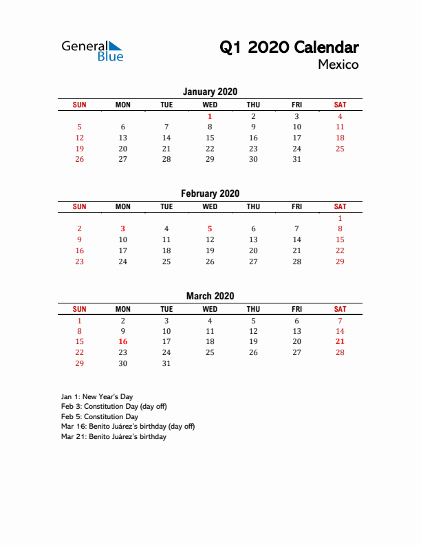 2020 Q1 Calendar with Holidays List for Mexico