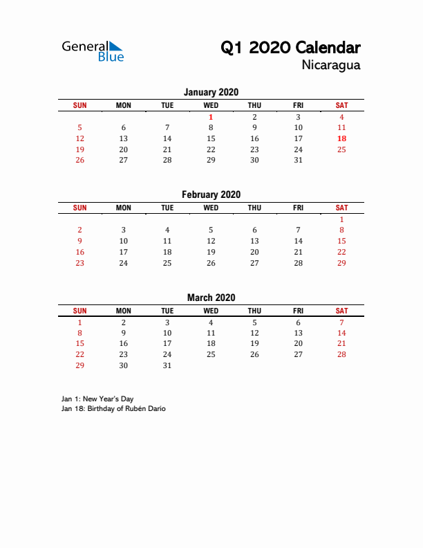 2020 Q1 Calendar with Holidays List for Nicaragua