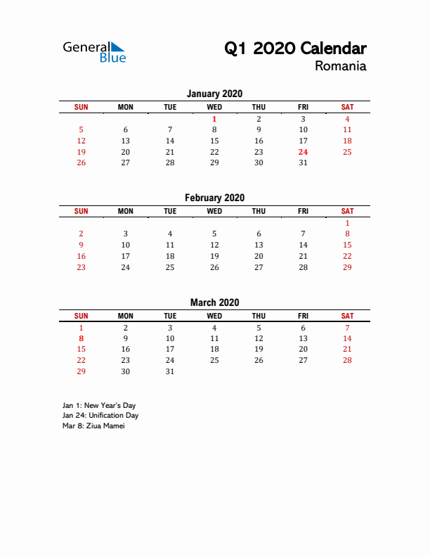 2020 Q1 Calendar with Holidays List for Romania